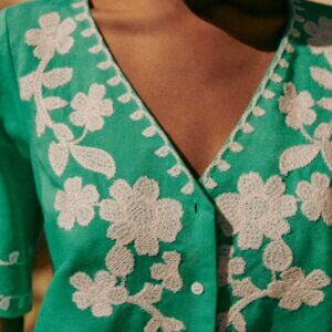 Sezane Antika Blouse Ecru Green Embroidery - Size 12